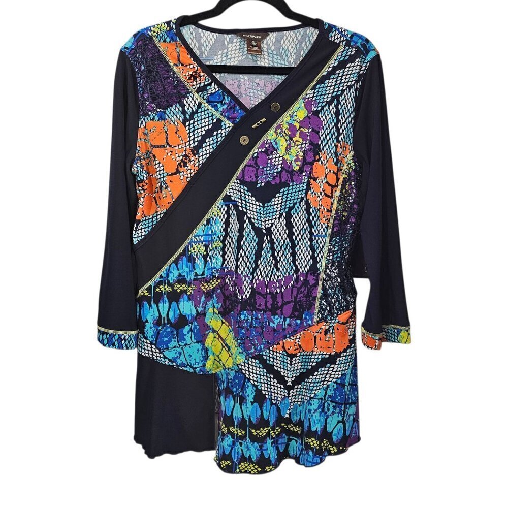 🔥Multiples New Mesh Crochet Colorblock Abstract V Neck Navy Tunic Top